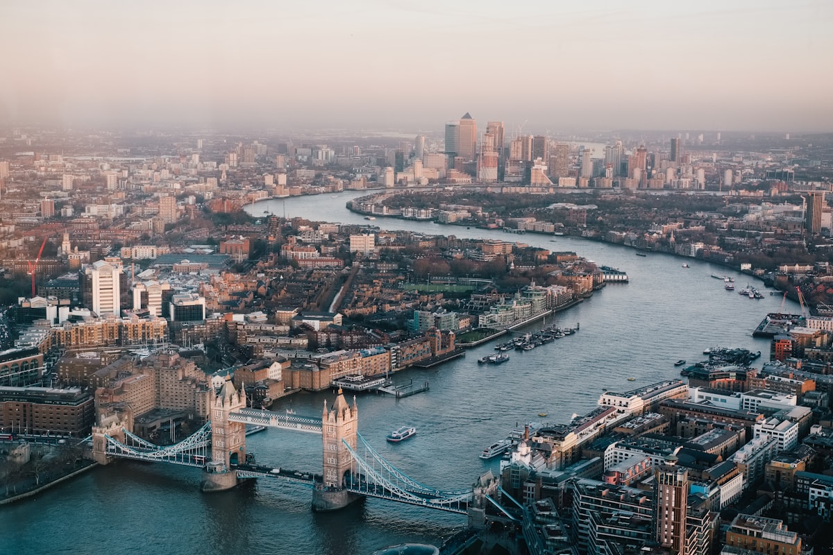 Aerial view of Tower Bridge and the Thames in London